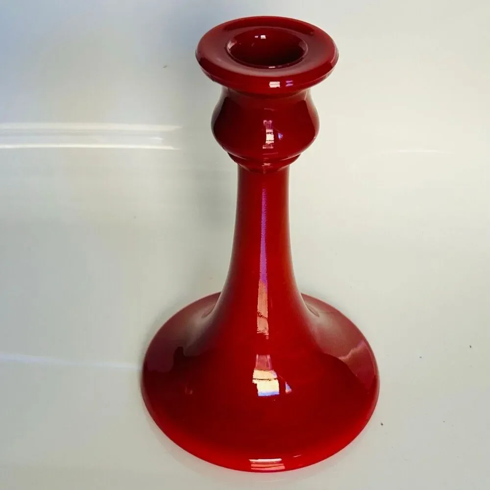 1920’s Northwood Glass Chinese Coral Red Candlestick Rainbow Line Cadmium UV Glo